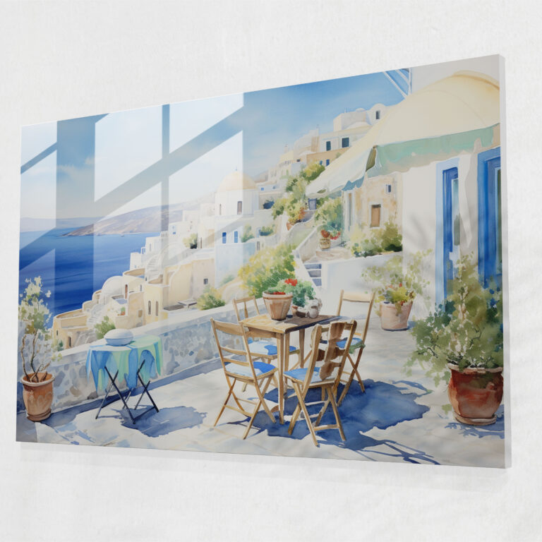 Santorini Glasbild - Friedvolles Aquarell - Santorini Santorini Friedvolles Aquarell Gemälde Wohn-Dekoration