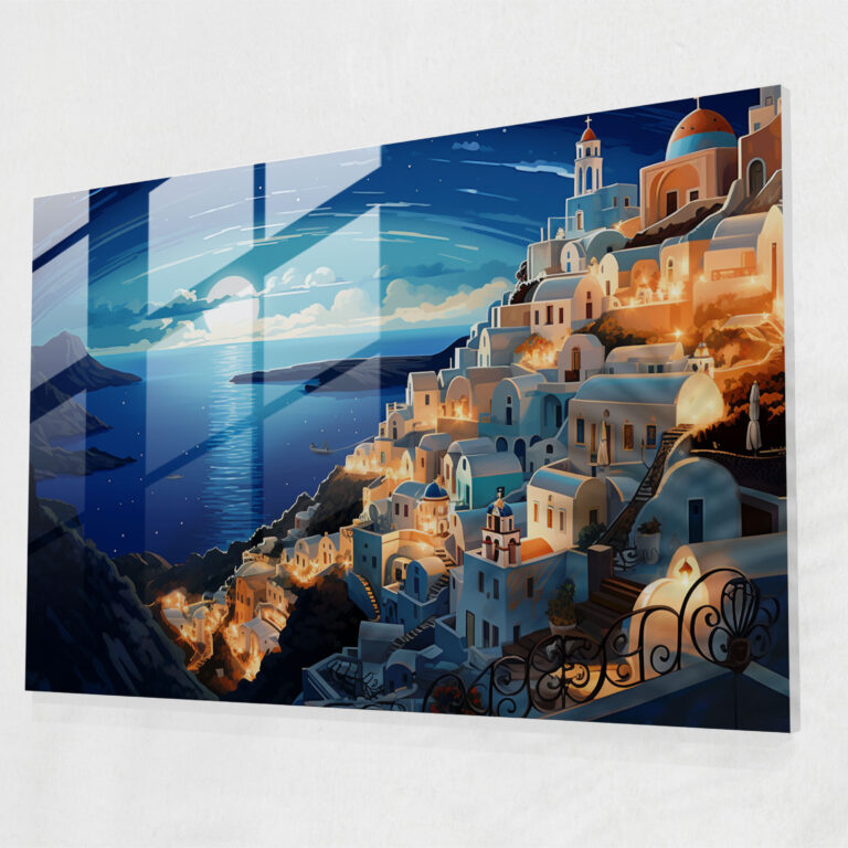 Santorini Modernes Kunstglasbild - Santorini moderne Kunst sternenhimmelartiger Nachthimmel Glaswandkunst