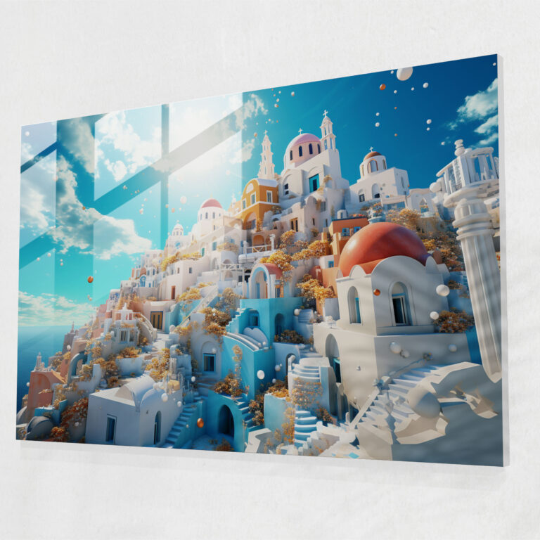 Santorini Glasbild - Surreales Glaswandkunstwerk - Santorini Glas Kunst Santorini Glasbild