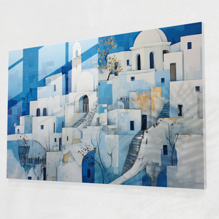 Santorini Glasbild - Modernes Wandbild aus Glas - Santorini Glaswandkunst Architektur von Santorini Glas-Kunst