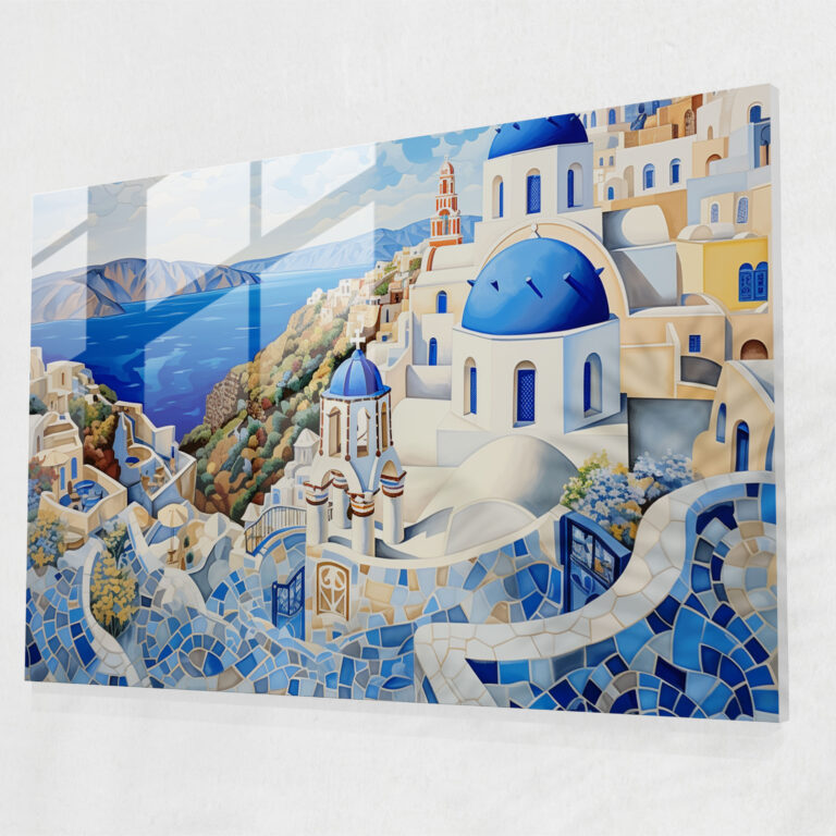 Santorini Glasbild - Mosaik Glas Wandkunst - Santorini von Mosaiken inspirierte Kunstwerke Wanddekoration moderne Kunst