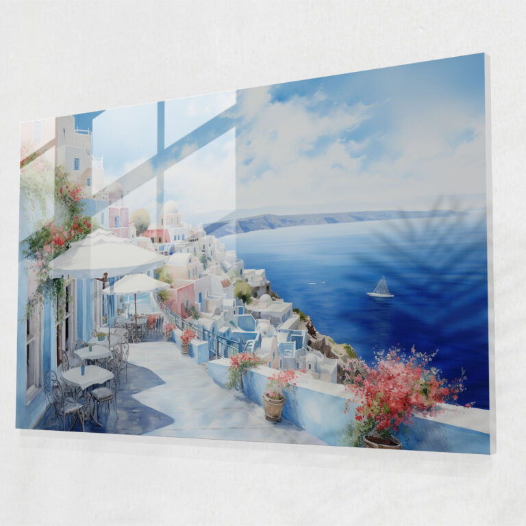 Santorini Glasbild - Aquarell Glas Wandkunst - Santorini Glas Kunst Glas Wandkunst Pastellfarbenes Aquarell Gemälde