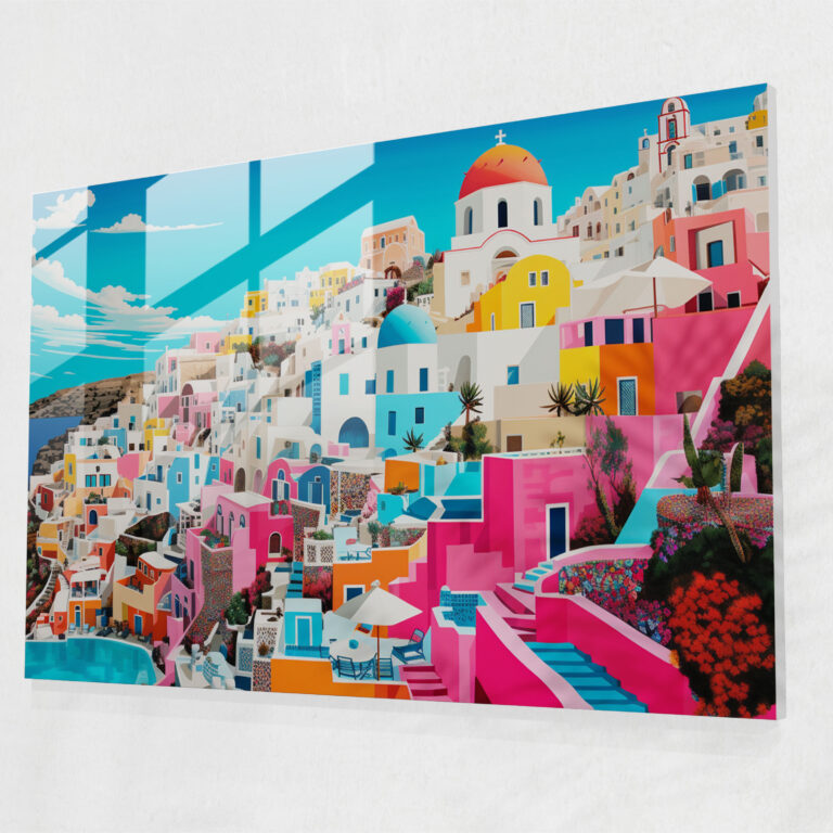 Santorini Glasbild - Pop Art Glas Wandkunst - Santorini Glas Kunst Lebendige Farben Glasbild