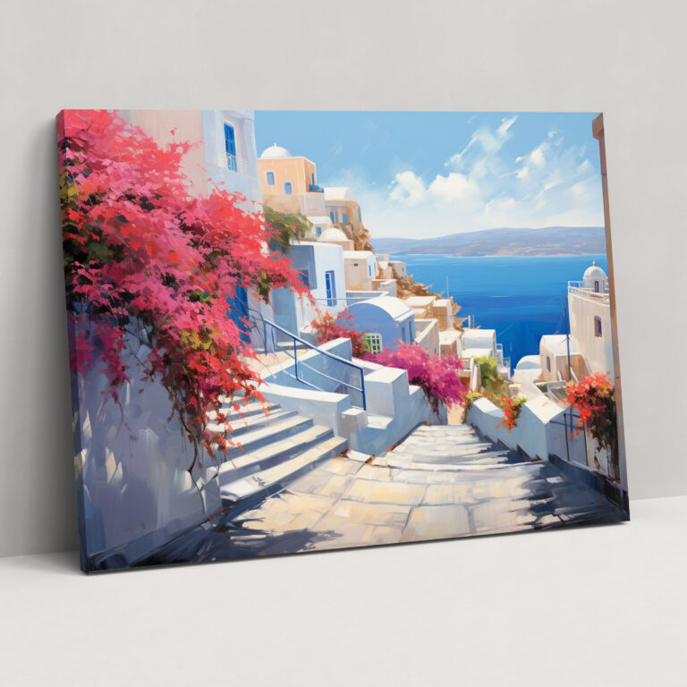 Santorini Wandkunst - Impressionistisches Bougainvillea-Baum Leinwandbild - Santorini Fesselnd Bougainvillea-Bäume Leinwandbild