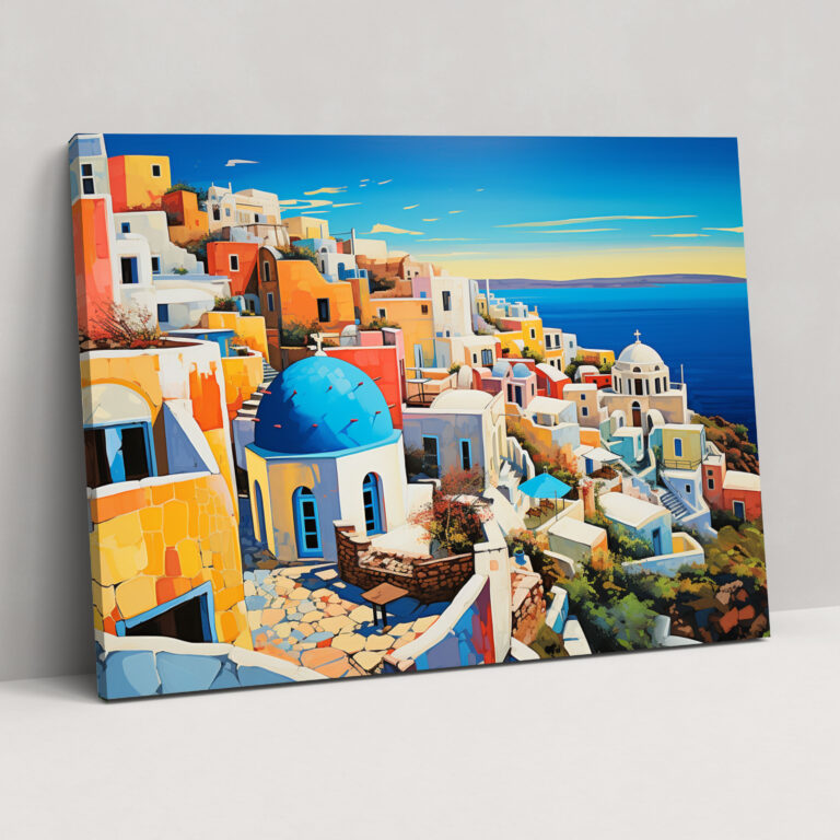 Santorini Wandkunst - Pop Art Dächer Leinwandbild - Santorini Wohnkultur Leinwand Lebendige Energie