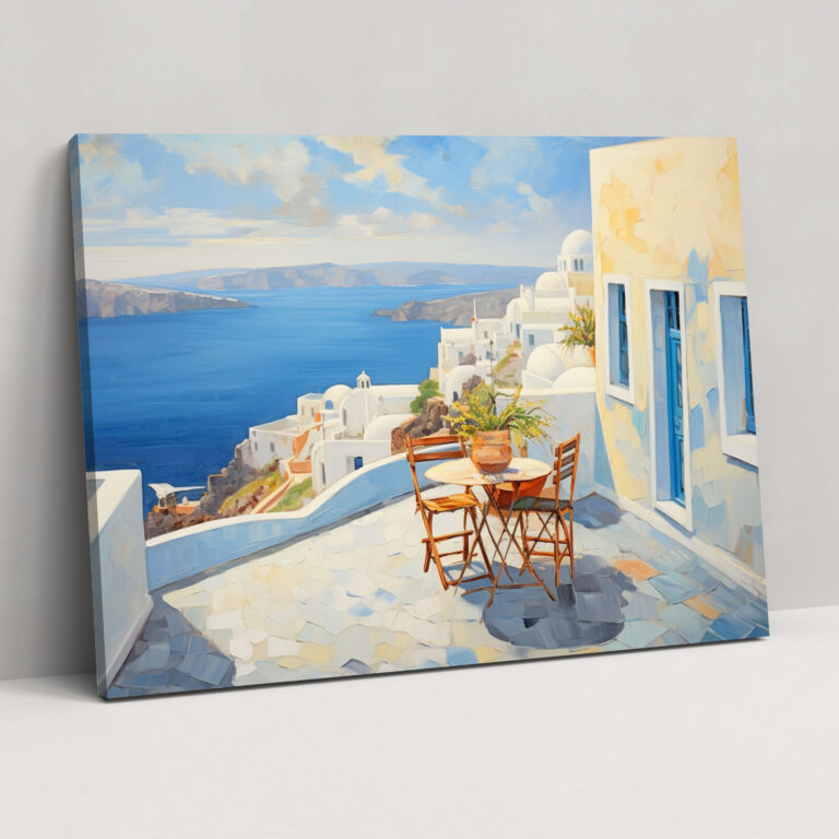 Santorini Wandkunst - Impressionistisches Ölgemälde - Santorini ruhige Dachterrasse Oia Dorf Wanddekoration