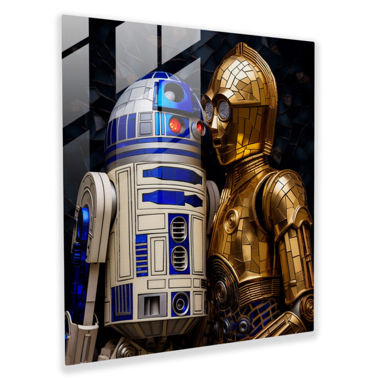 Star Wars Glasbild - Bleiglasdarstellung - R2-D2 und C-3PO in einem zarten Mosaik - Star Wars Glaswandkunst Mosaik