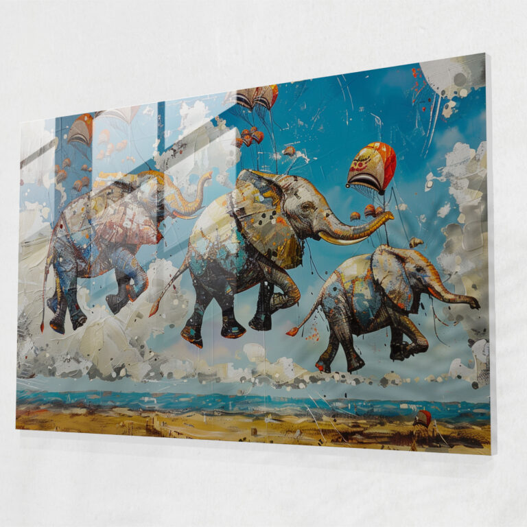 Salvador Dali Fliegende Elefanten Glasbild - Kunstwerk von Salvador Dali Glaswandkunst
