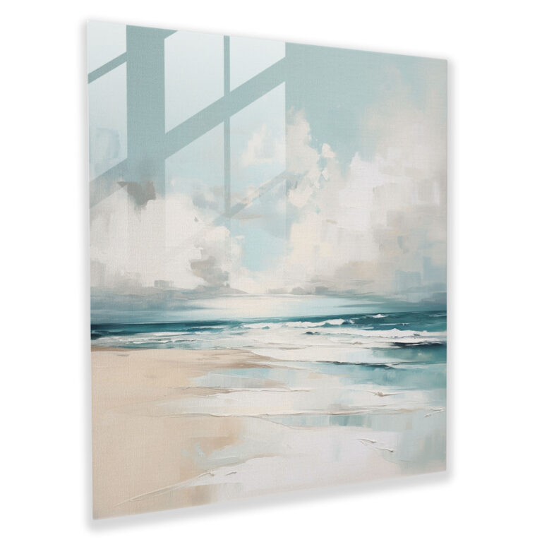 Minimalistisches Küstenlandschafts-Glasbild - Küstenlandschaft ruhige Küstenszene begrenzte Farbpalette beruhigende Atmosphäre.