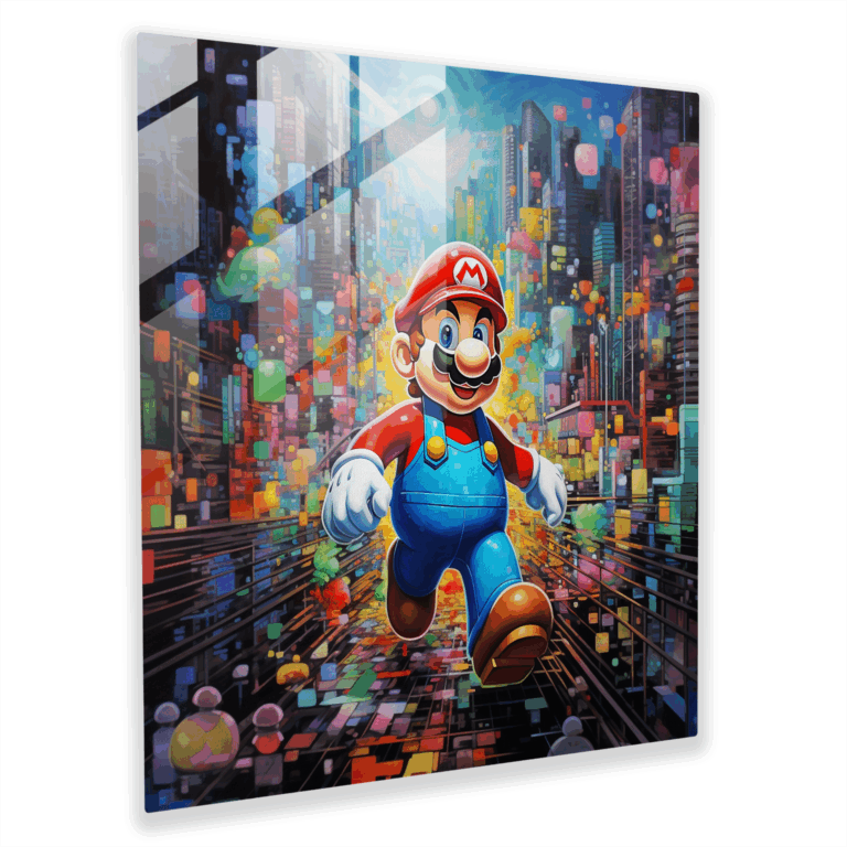 Glasbild mit Pixel Fusion von ikonischen Super Mario Charakteren in einer lebendigen Stadtszene - Moderne Glaswandkunst-Dekoration.