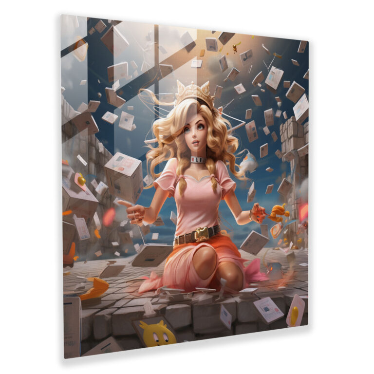 Faszinierendes Glasbild von Prinzessin Peach umgeben von interaktiven Frageblöcken und Power-ups.
