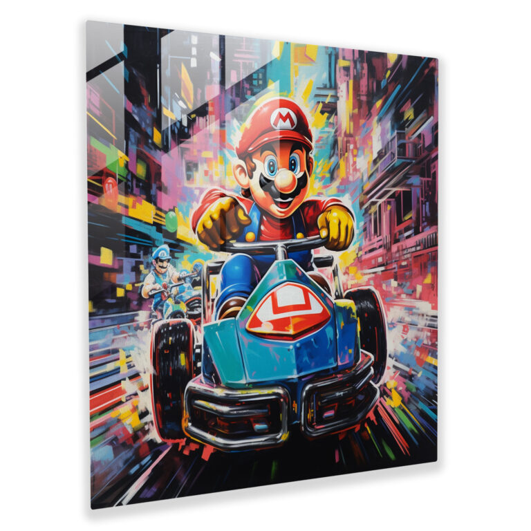 Buntes Pop-Art-Glasbild - Mario und Luigi rasen durch eine futuristische Stadtszenerie - Moderne Wanddekoration Glasbild