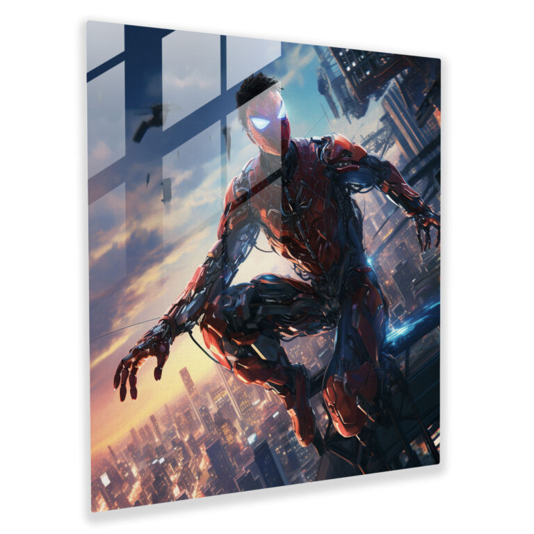 Spider-Man Glasbild mit futuristischem Design - Spider Man futuristische Illustration High-Tech Stadtbild
