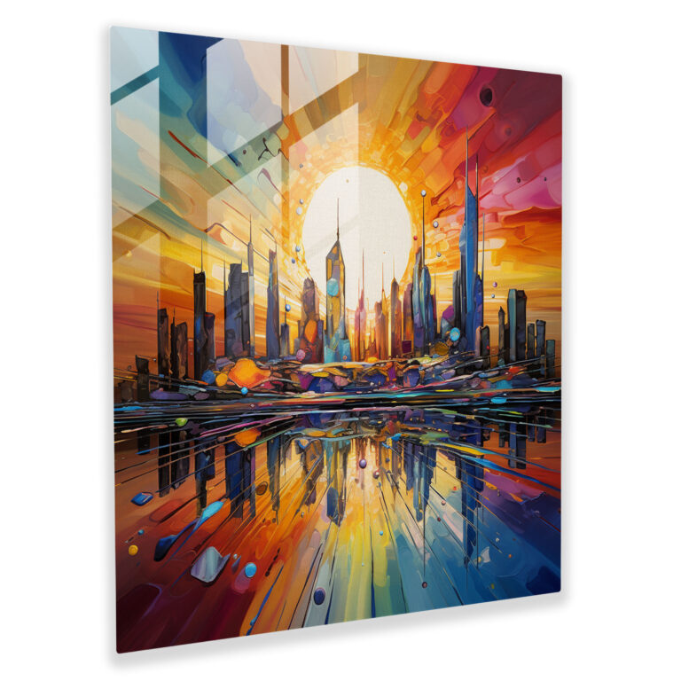 Glassbild Sonnenaufgang - Abstrakte Stadtszene - Energiegeladen