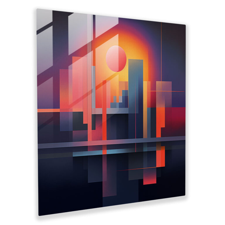 Glasbild Morgenröte der Formen - Sonnenaufgang sich überschneidende Formen Glasbild Glaswandkunst