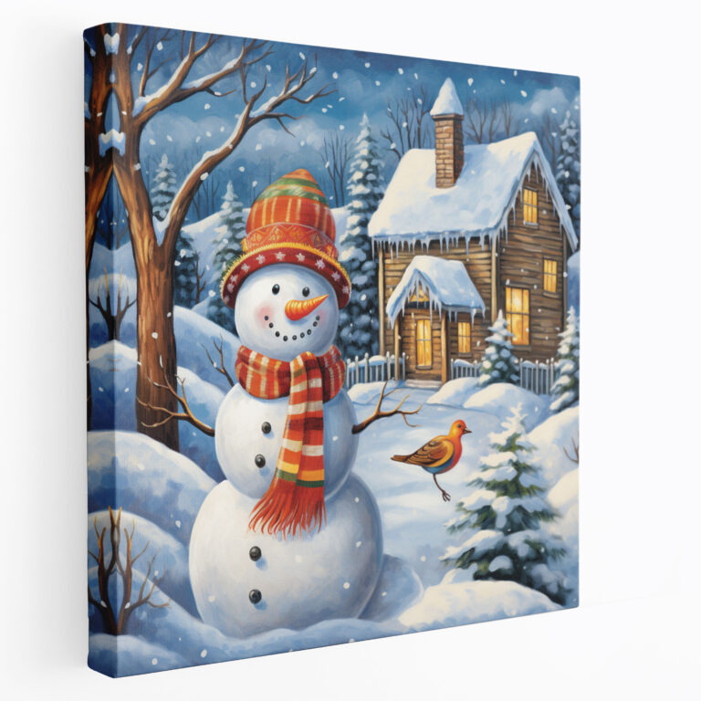 Fröhlicher Schneemann Leinwandbild - Winter Wandkunst Leinwand