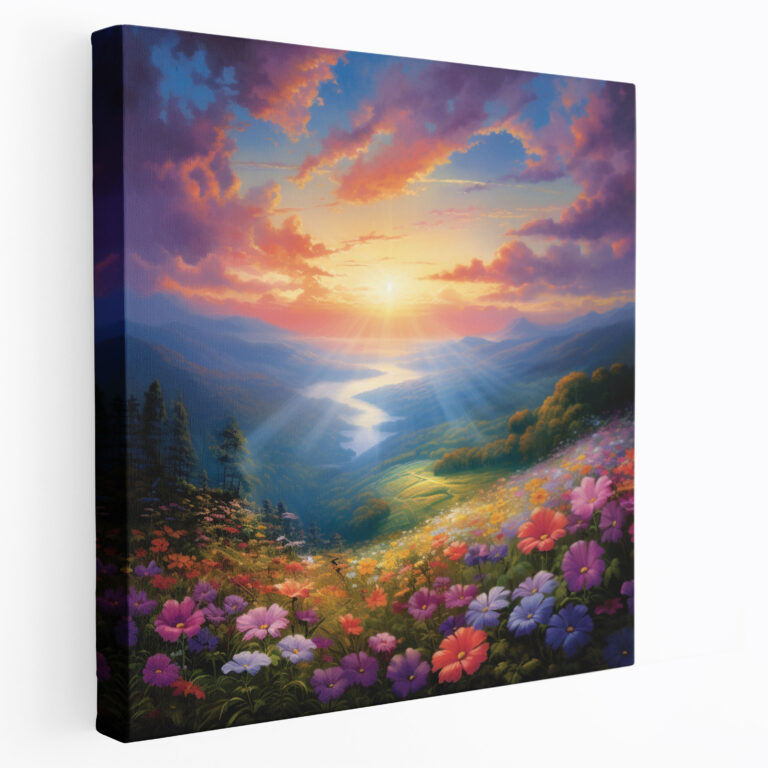 Leinwandbild Blühendes Feld bei Sonnenaufgang - Sonnenaufgang Wohnkultur Wandkunst