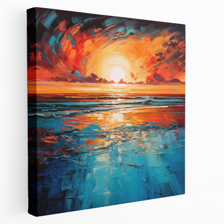 Leinwandbild Sonnenaufgang - Abstrakte blaue und orangefarbene Pinselstriche - Sonnenaufgang Leinwandbild abstrakte Kunst Blau und Orange.