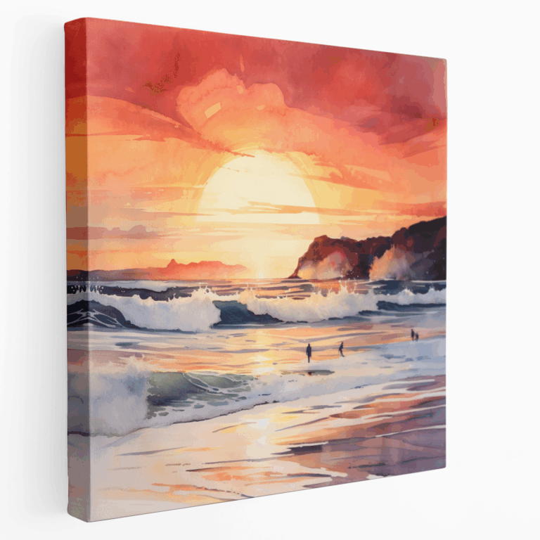 Surfen bei Sonnenuntergang Aquarell Leinwandbild