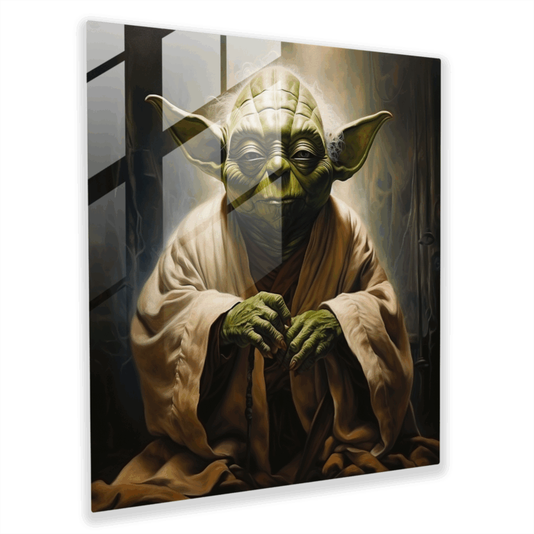Realistisches Ölporträt Glasbild von Jedi-Meister Yoda Ausstrahlung von Weisheit und Gelassenheit Glaswandkunst