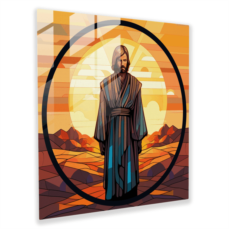 Glasbild mit minimalistischem Bleiglasdesign von Jedi-Ritter Luke Skywalker den Doppelsternen von Tatooine als Glaswandkunst