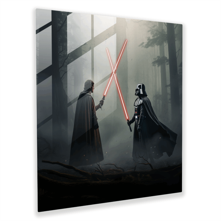 Moderne Glasbild - Darth Vader und Luke Skywalker Duell im nebligen Wald - Glas Wanddekoration.