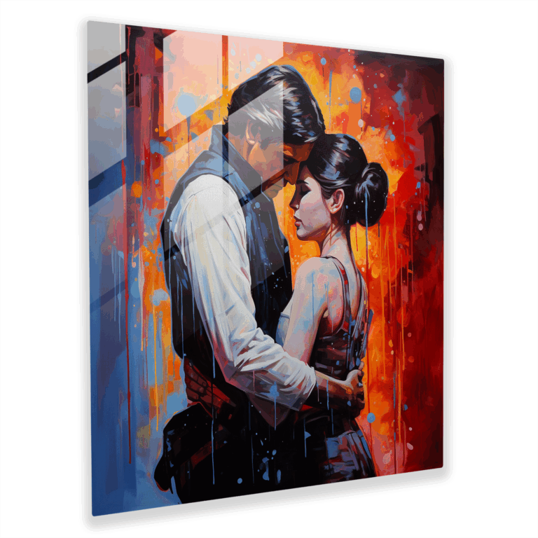 Lebendiges Glasbild im Pop-Art-Stil gemalt - Prinzessin Leia und Han Solo in inniger Umarmung - Strahlende Liebe und zeitlose Romantik - Glaswandkunst - Modernes Kunstwerk