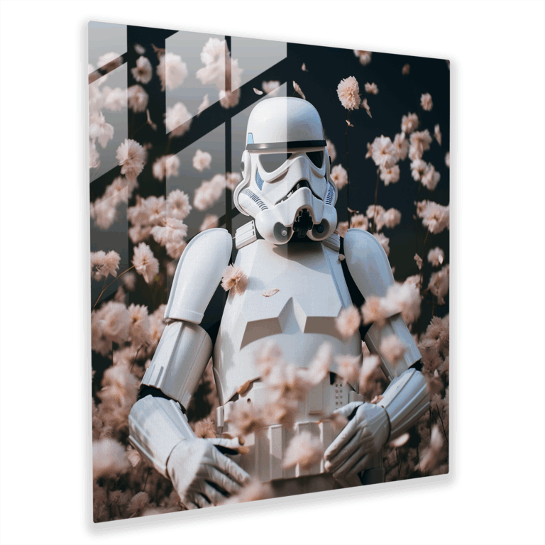 Geheimnisvolles Glasbild surrealitischer Fotografie - Sturmtruppler umgeben von Schmetterlingen - Enthüllung unerwarteter Schönheit und zarter Stärke - Glaswandkunst - Moderne Kunstwerk