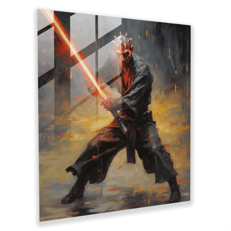 Meisterhaftes Glasbild eines impressionistischen Ölgemäldes - Darth Maul mit Doppelklingen-Lichtschwert - Ausstrahlung eiserner Entschlossenheit - Glaswandkunst - Moderne Kunstwerk