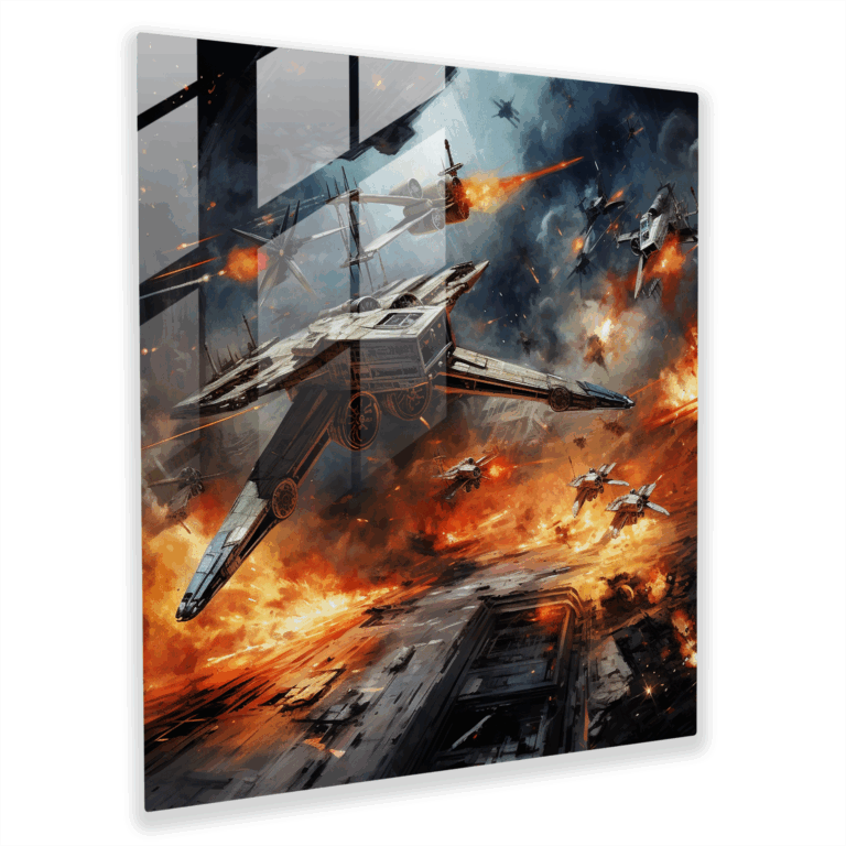Glasbild eines atemberaubenden hyperrealistischen Gemäldes - Wütende Weltraumschlacht - X-Wings und TIE-Fighter in heftigem Kampf - Glaswandkunst - Moderne Kunstwerk