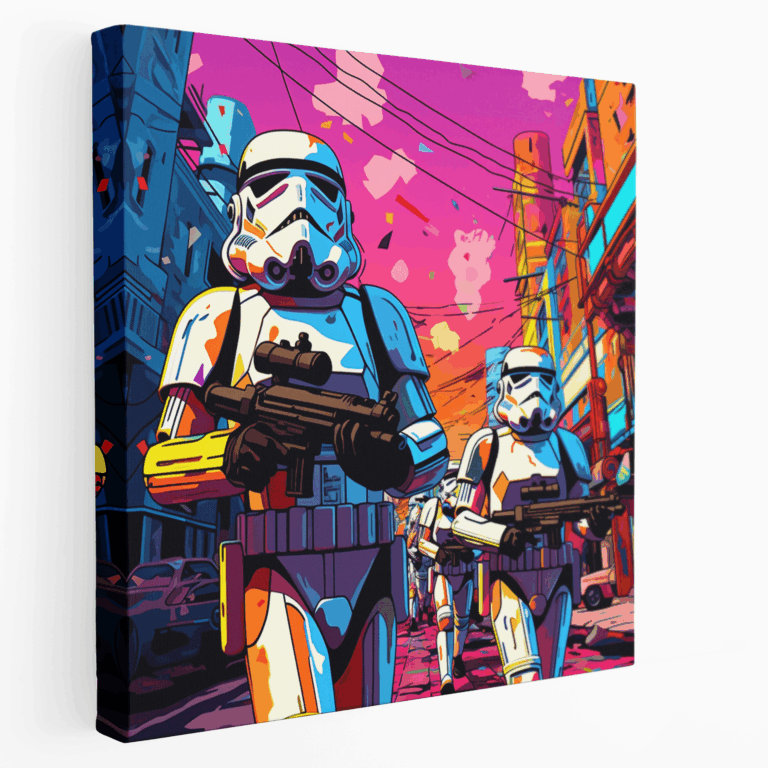 Lebhaftes Pop Art Leinwandbild: Sturmtruppler in bunter Stadt
