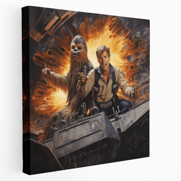 Realistisches Ölgemälde Leinwandbild: Han Solo und Chewbacca im Asteroidenfeld
