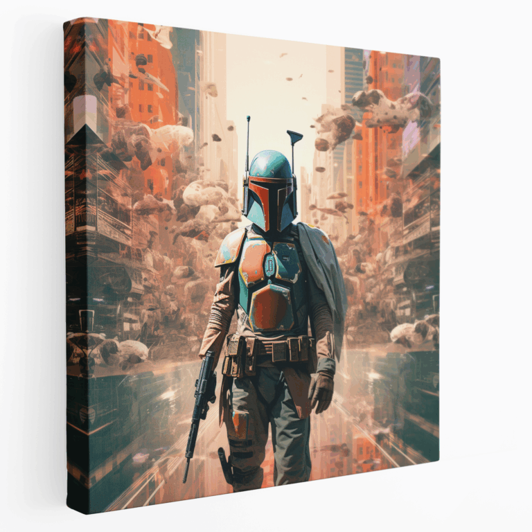 Moderne futuristische Stadtszene Leinwandbild: Boba Fett