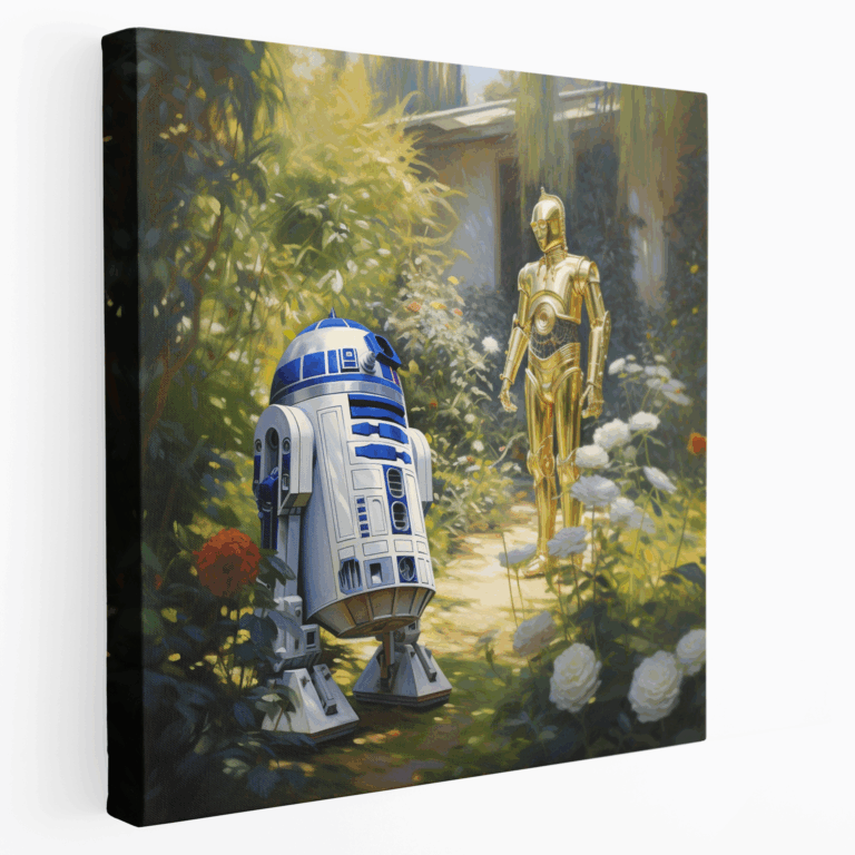 Leinwandbild Impressionistischer Sonniger Garten: R2-D2 und C-3PO