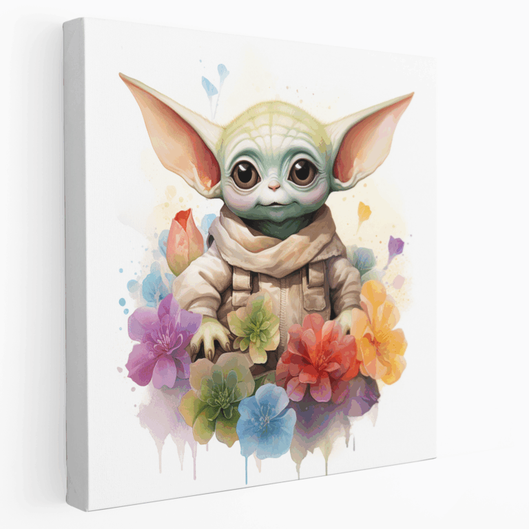 Wasserfarben Baby Yoda Blumen Leinwandbild