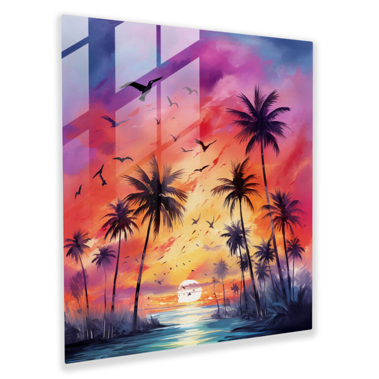 Glasbild Sonnenuntergang-Paradies - Tropisch Glas-Kunst Aquarell