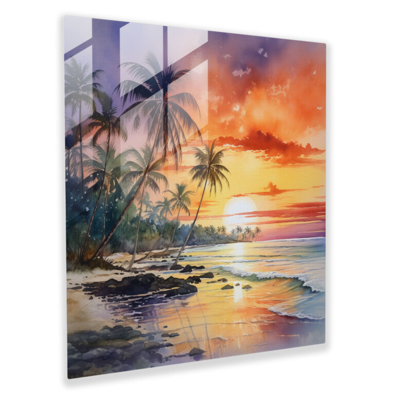 Glasbild Sonnenuntergangsparadies - Sonnenuntergang Glasbild tropischer Strand moderne Kunst