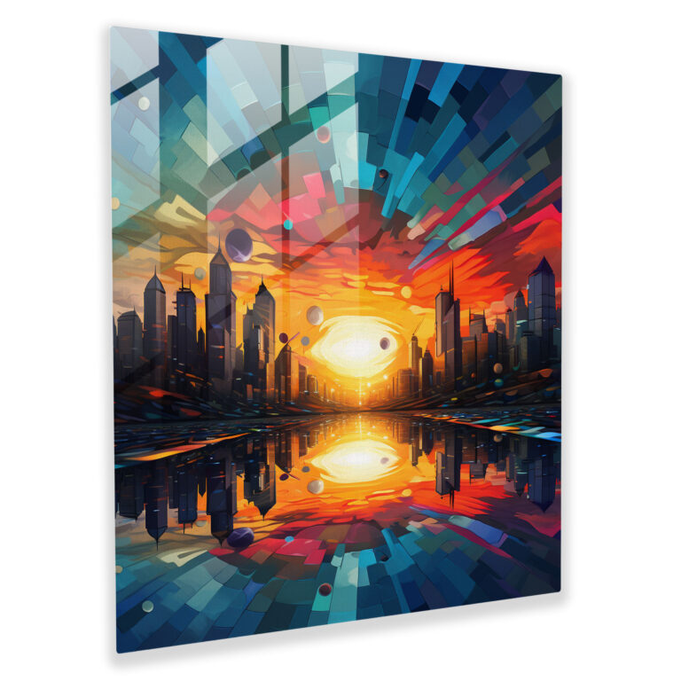 Moderne Glasbild-Sonnenuntergangsdarstellung - Sonnenuntergang Wanddekoration zeitgemäßes digitales Gemälde Glaswandkunst
