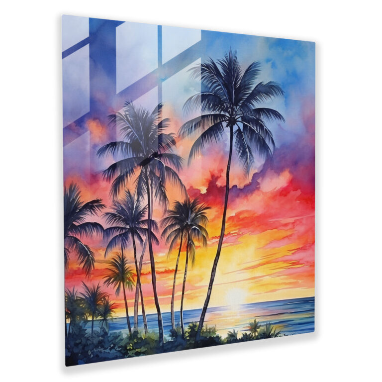 Tropischer Sonnenuntergang Glasbild - Farbenfroher Abendhimmel