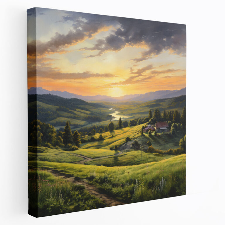 Ruhiger Sonnenuntergang auf dem Land Leinwandbild - Sonnenuntergang Wohnkultur realistisches Ölgemälde ländlich.