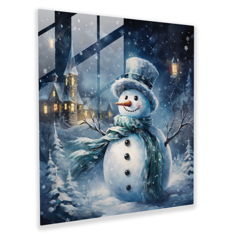 Verspielter Schneemann Glasbild - Schneemann bezaubernd fallende Schneeflocken Glasbild