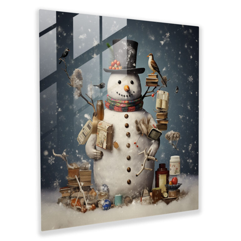 Verspieltes Collage Glasbild - Schneemann Collage Glasbild verspielt
