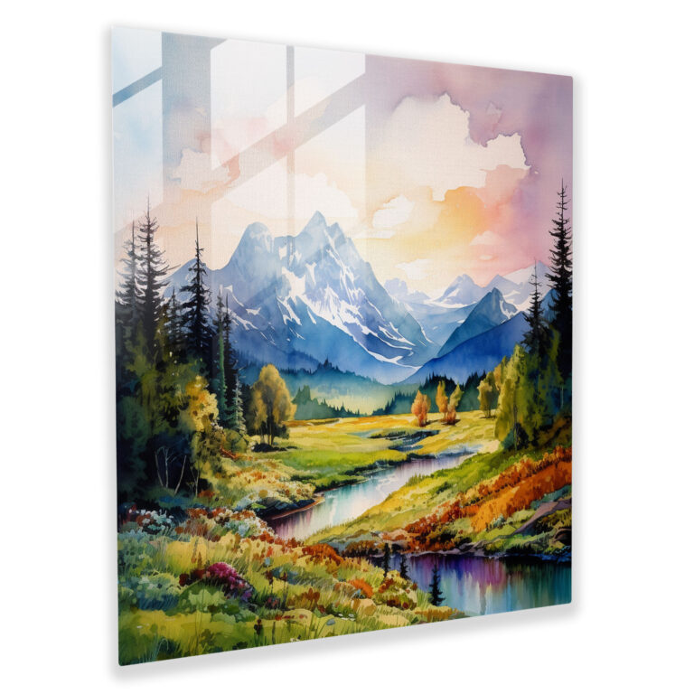 Die Schönsten Landschaften Der Welt - Lebendiges Aquarell Glasbild - Bergkette Aquarellmalerei