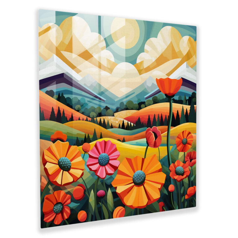 Die schönsten Landschaften der Welt - Pop-Art Blumenfeld Glasbild - Moderne Kunst Blumenfeld kräftige Farben Leinwandbild