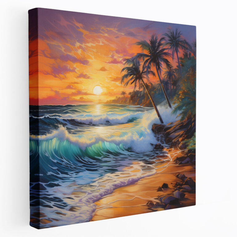 Die Schönsten Landschaften Der Welt: Tropischer Strand Sonnenuntergang Leinwandbild - Crashing Waves Tropischer Strand Für Kunstliebhaber