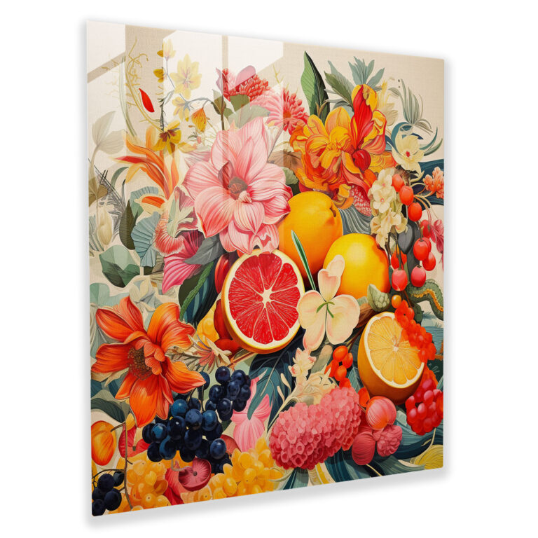 Tropisches Glasbild - Collage Kunstwerk aus bunten Früchten und Blumenfusion - Tropische bunte Früchte und Blumenfusion moderne Kunst lebendige Muster