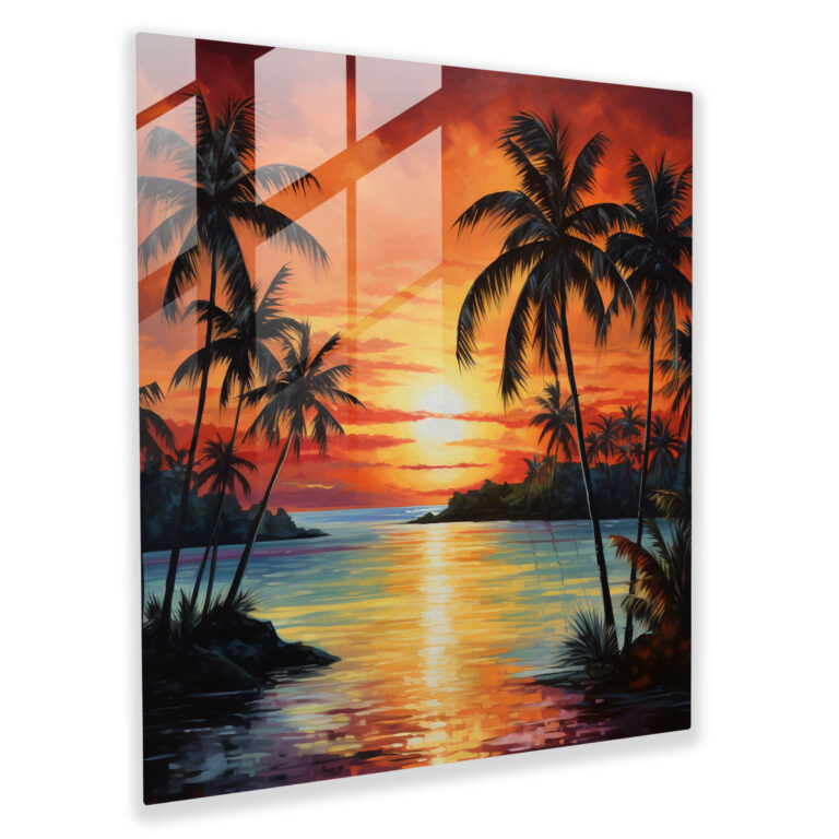 Tropischer Sonnenuntergang Glasbild - Tropisch Ruhe Wohnkultur Warme Farbtöne