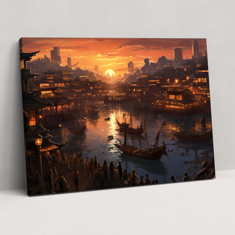 Reise Wandbild - Stadtsilhouette bei Sonnenuntergang - Leinwand Sonnenuntergang Digitalkunst