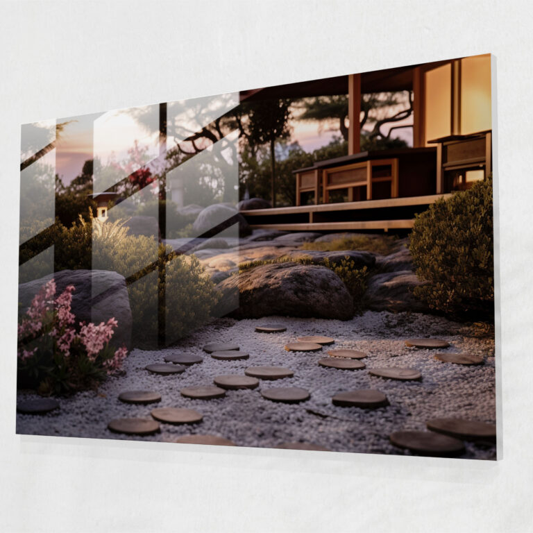 Zen-Garten im Zwielicht Glasbild - Zen-Garten Glas-Kunst Zwielicht Wanddekoration