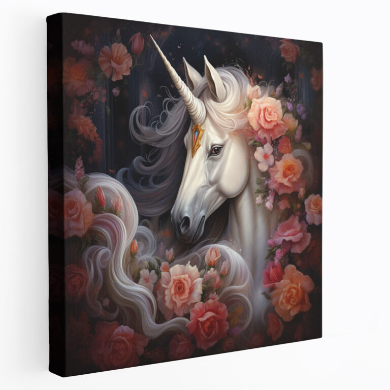 Schönes Einhorn Leinwandbild - Umgeben von blühenden Blumen - Einhorn Schönes Einhorn Leinwand Wandkunst Wandkunst